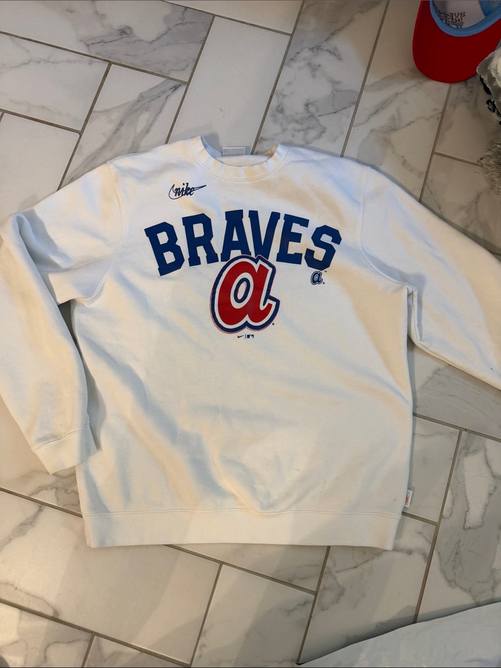 Nike White Braves Crewneck with Blue and Red Logo
